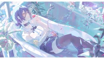 1girl absurdres bare_arms bare_shoulders black_choker black_hair black_ribbon black_shorts black_thighhighs breasts chainsaw_man choker collared_shirt commentary_request flower green_eyes hair_between_eyes hair_bun highres holding holding_flower in_bathtub indoors lying neck_ribbon partially_submerged plant red_flower reze_(chainsaw_man) ribbon shirt short_hair shorts single_hair_bun sleeveless sleeveless_shirt small_breasts solo thighhighs tokkieee_qian water white_shirt window