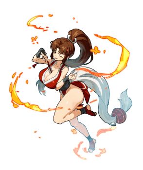 1girl absurdres black_bridal_gauntlets breasts bridal_gauntlets brown_eyes brown_hair bug butterfly cleavage closed_mouth curtained_hair fan_between_breasts fatal_fury fire folded_fan folding_fan full_body groin hand_fan high_ponytail highres holding insect japanese_clothes kimono knee_up large_breasts long_hair looking_at_viewer motoyui ninja obijime one_eye_closed pelvic_curtain ponytail red_kimono revealing_clothes sach56000 shiranui_mai sidelocks simple_background smile solo standing standing_on_one_leg stirrup_legwear the_king_of_fighters thighs toeless_legwear tongue tongue_out white_background