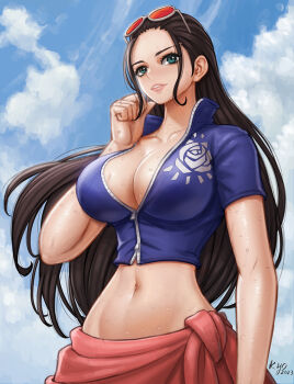 1girl 2023 black_hair blue_eyes blue_jacket blue_sky breasts cleavage cloud collarbone commentary cowboy_shot cropped_jacket eyewear_on_head hair_slicked_back high_collar jacket kyopink large_breasts long_hair midriff navel nico_robin nico_robin_(return_to_sabaody) official_alternate_costume one_piece orange-tinted_eyewear parted_lips pink_sarong sarong short-sleeved_jacket short_sleeves sidelocks signature sky solo sunglasses_on_head tinted_eyewear wet white-framed_eyewear zipper