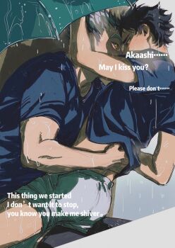 2boys akaashi_keiji black_hair blue_shirt bokuto_koutarou boy_on_top english_text haikyuu!! hand_on_another&#039;s_back highres knee_pads koukiki9 looking_at_another male_focus multiple_boys rain shirt short_hair shorts thighs umbrella white_hair white_shorts yaoi yellow_eyes