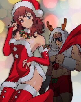 1boy 1girl abs amuro_ray antlers bell blonde_hair bow brown_hair char_aznable christmas christmas_lights commentary_request elbow_gloves genderswap gloves gundam hat highres holding holding_sack horns long_hair looking_at_viewer messy_hair mobile_suit_gundam neck_bell reindeer_antlers sack santa_costume santa_hat simple_background sunglasses thighhighs yy0880yy