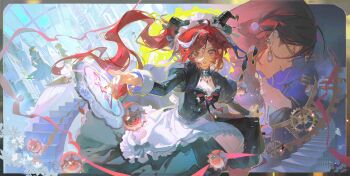 Rule 34 | 1boy, 3girls, 88chachajiang, absurdres, apron, black choker, black dress, black horns, black ribbon, chinese commentary, choker, commentary request, detached collar, dress, dress ribbon, dual persona, earrings, emma woods, emma woods (lady truth), fiona gilman, fiona gilman (crimson), gears, gem, glasses, heart-shaped gem, highres, horns, identity v, jewelry, juliet sleeves, long hair, long sleeves, looking at viewer, maid, maid headdress, multicolored hair, multiple girls, naib subedar, naib subedar (mr. inference), open mouth, profile, puffy sleeves, red eyes, red gem, red hair, red ribbon, ribbon, roman numeral, side ponytail, stairs, star-shaped pupils, star (symbol), streaked hair, swept bangs, symbol-shaped pupils, unconventional maid, very long hair, waist apron, white apron, white streaks