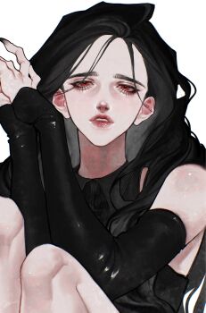 1girl aegyo_sal black_gloves black_hair black_shirt collared_shirt colored_inner_hair elbow_gloves gloves half-closed_eyes highres kasahara_iji knees_up long_hair looking_at_viewer multicolored_hair original own_hands_together parted_lips red_eyes shirt sitting sleeveless sleeveless_shirt solo