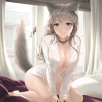 1girl animal_ear_fluff animal_ears animated animated_gif bare_legs barefoot bed between_legs black_choker blush breasts brown_hair choker chowbie cleavage collarbone commentary curtains dated_commentary ear_wiggle fox_ears fox_girl fox_tail grey_eyes grin hand_between_legs heart_pendant indoors jewelry kneeling large_breasts long_hair long_sleeves looking_at_viewer mole mole_on_breast naked_shirt on_bed open_clothes open_shirt original parted_lips shirt sitting smile solo tail tail_wagging thighs wariza white_shirt window