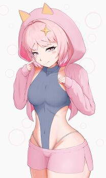 1girl alternate_costume animal_hood blush breasts cat_ear_hood goddess_of_victory:_nikke hood hoodie jacket leotard looking_at_viewer medium_breasts noah_(nikke) pink_eyes pink_hair short_hair short_shorts shorts smbozz solo thong