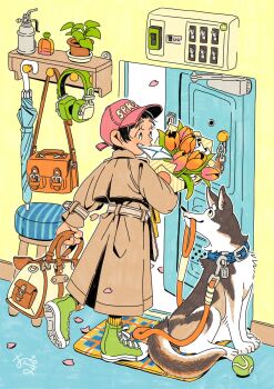 1girl bag baseball_cap belt black_hair bouquet brown_belt brown_coat coat commentary dog door flower full_body green_shoes hat headphones highres holding holding_bag holding_bouquet looking_at_animal o_ku_da_ma open_door orange_bag original plant potted_plant red_hat shelf shoes short_hair solo standing standing_on_one_leg trench_coat tulip unworn_headphones