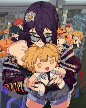 ! 1girl arm_tattoo artist_name beam_(chainsaw_man) chainsaw_man character_doll closed_mouth commentary crane_game denji_(chainsaw_man) doll english_commentary fingernails flower green_eyes grey_shorts hair_between_eyes hair_bun hair_flower hair_ornament hayakawa_aki highres holding holding_stuffed_toy instagram_logo jacket long_fingernails looking_at_viewer makima_(chainsaw_man) nest_virgo pochita_(chainsaw_man) power_(chainsaw_man) purple_hair purple_jacket purple_nails reze_(chainsaw_man) shark_fin short_shorts shorts smile stuffed_toy sunglasses tattoo threads_logo tiktok_logo twitter_x_logo white_flower