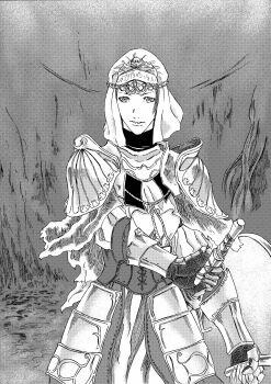 1girl 913kousatu absurdres armor cave_interior coif commentary_request cowboy_shot dark_souls_(series) dark_souls_iii drawing_sword faulds greyscale highres holding holding_shield holding_sword holding_weapon looking_at_viewer monochrome pauldrons shield shirt short_hair shoulder_armor sirris_of_the_sunless_realms solo sword weapon