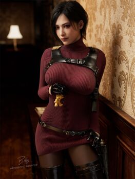 1girl 3d ada_wong artist_name billyhhyb black_gloves black_hair boots breasts chest_harness dress gloves gun handgun harness high_heel_boots high_heels holster large_breasts lifting_own_clothes no_bra pantyhose red_sweater resident_evil resident_evil_4 resident_evil_4_(remake) short_hair sweater sweater_dress turtleneck turtleneck_sweater watermark weapon