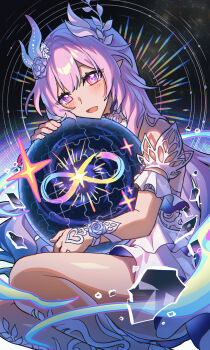 1girl absurdres amphoreus_(honkai:_star_rail) armlet bare_shoulders commentary cyrene_(honkai:_star_rail) cyrene_(ripples_of_past_reverie)_(honkai:_star_rail) diamond-shaped_pupils diamond_(shape) dress flower hair_flower hair_ornament highres holding_orb honkai:_star_rail honkai_(series) jewelry long_hair looking_at_viewer making-of_available nail_polish open_mouth pink_hair pink_nails pointy_ears purple_eyes purple_flower purple_rose rose sakana_(fishchunk) sidelocks sitting smile solo symbol-shaped_pupils very_long_hair white_dress