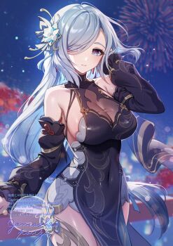 1girl adversarial_noise aerial_fireworks bare_shoulders black_dress blue_eyes braid breasts china_dress chinese_clothes covered_navel detached_sleeves dress fireworks genshin_impact gomashio_ponz grey_hair hair_ornament hair_over_one_eye highres long_braid long_hair long_sleeves looking_at_viewer night night_sky outdoors pelvic_curtain revision shenhe_(frostflower_dew)_(genshin_impact) shenhe_(genshin_impact) sky smile solo very_long_hair