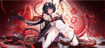 1girl animal_ear_hairband animal_ears apron black_hair black_kimono blush bob_cut bowl breasts cake cat_ear_hairband cat_ears chinese_commentary chocolate chocolate_on_body detached_collar detached_sleeves fake_animal_ears flower food food_on_body frilled_apron frills garter_straps hair_between_eyes hair_ornament hairband hanakotoba_(haze/reverb) haze/reverb heart heart_hair_ornament highres holding holding_whisk japanese_clothes kimono large_breasts long_hair looking_at_viewer maid maid_apron maid_headdress obi obijime official_alternate_costume official_art oversized_food oversized_object parted_lips ponytail purple_eyes red_flower red_rose rose sash skirt_hold thighhighs very_long_hair wa_maid whisk white_thighhighs