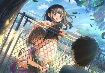 1boy 2girls accidental_exposure assisted_exposure bare_arms bare_shoulders black_hair blush bottomless brown_hair camisole carrying chain-link_fence cheek_press cleft_of_venus closed_eyes clothes_pull commentary_request day dutch_angle embarrassed fence groin hair_ornament hairclip head_on_back loli long_hair looking_at_another medium_hair multiple_girls navel nervous_sweating open_mouth original outdoors panties panty_pull presenting_another pulling_another's_clothes pussy shirt short_hair short_sleeves shorts shorts_pull skindentation skirt smile socks stomach sweat tachiinu tearing_up uncensored underwear v-shaped_eyebrows wind