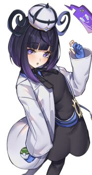 1girl belt black_dress black_hair blue_gloves blunt_bangs blush bob_cut breasts coat commentary_request dress gen_4_pokemon gloves gradient_hair gwynn_(pokemon) hat highres holding holding_poke_ball long_sleeves looking_at_viewer mega_stone multicolored_hair nest_ball nintendo o-ring o-ring_belt open_clothes open_coat pantyhose parted_lips partially_fingerless_gloves poke_ball pokemon pokemon_(creature) pokemon_legends:_z-a purple_eyes purple_hair ringozeri rotom rotom_phone short_hair small_breasts white_coat