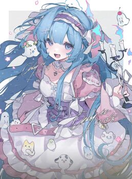 1girl bad_source blue_eyes blue_hair blush bow breasts dress frilled_dress frills hair_between_eyes hairband holding long_hair long_sleeves looking_at_viewer ribbon smile solo very_long_hair yuanyunyu yuanyunyu_3y