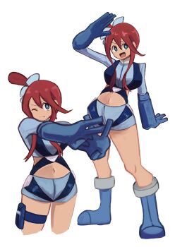 1girl blue_eyes boots breasts crop_top dark-skinned_female dark_skin gloves large_breasts long_hair long_sleeves midriff nintendo one_eye_closed pokemon pokemon_bw red_hair shorts skyla_(pokemon) suspenders thigh_strap tikuwabu_33 white_background