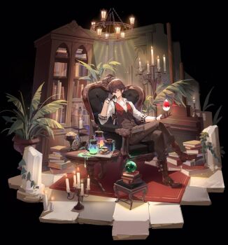 1boy argyle armchair black_background black_gloves black_pants black_vest book book_stack bookshelf boots bowl bracelet broken_pillar brown_boots brown_hair cage candelabra candle candlestand candy carpet chair checkered_floor closed_mouth code_vein collarbone collared_shirt crossed_legs crystal_skull cup elbow_rest floating floating_object food full_body gem gloves hair_over_one_eye half_gloves hanging_light head_rest holster indoors jar jewelry liquid loladestiny looking_at_viewer louis_(code_vein) male_focus necklace pants partially_unbuttoned pectoral_cleavage pectorals pillar plant potted_plant pouch red_eyes red_gemstone red_vest saucer shirt short_hair shoulder_holster sitting skull smile solo stool table teacup thigh_pouch tray two-tone_vest vest vines white_shirt