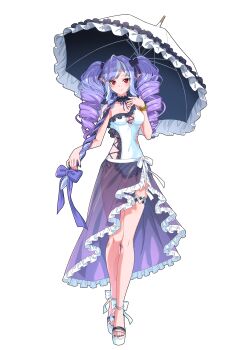 1girl absurdres ahoge alternate_costume anklet black_nails breasts closed_mouth covered_navel cross-laced_clothes dress_swimsuit drill_hair footwear_ribbon frilled_skirt frilled_umbrella frills full_body highres holding holding_umbrella jewelry long_hair long_skirt looking_at_viewer medium_breasts nail_polish pointy_ears purple_hair purple_skirt red_eyes see-through_clothes see-through_skirt shoes simple_background single_bare_shoulder skirt smile solo swimsuit thigh_strap toenail_polish toenails tsurumaki_negi twintails umbrella vivian_banshee white_background white_shoes white_umbrella zenless_zone_zero