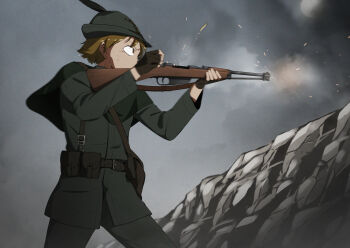 Rule 34 | 1boy, aiming, ammunition pouch, bag, bayonet, belt, belt buckle, blonde hair, bolt-action rifle, bolt action, buckle, carbine, carcano m91/38, fingerless gloves, gloves, gun, hat, highres, holding, holding gun, holding rifle, holding weapon, italian army, looking away, military, military hat, military uniform, mrxinom, original, pouch, rifle, rock, shell casing, smoke, sun, war, weapon, world war ii