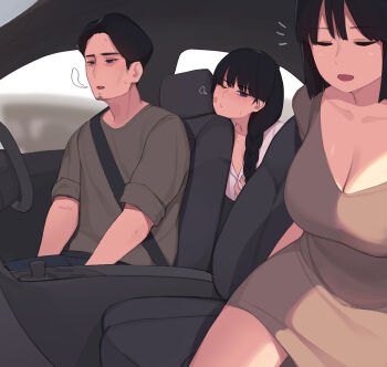 1boy 2girls after_vaginal aftersex akiyama_fumika_(pepper0) akiyama_ryosuke_(pepper0) akiyama_yuko_(pepper0) bags_under_eyes bandaid bandaid_on_face black_hair blue_eyes blush breasts car car_interior cleavage closed_eyes dress family father_and_daughter highres large_breasts long_hair mature_female mother_and_daughter motor_vehicle multiple_girls one_eye_closed original partially_unbuttoned pepper0 seatbelt shirt short_hair sitting steering_wheel sweat window
