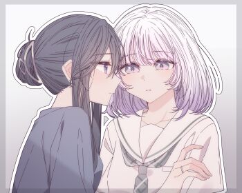 2girls black_hair border closed_mouth commentary gradient_background gradient_hair grey_background grey_border grey_neckerchief hair_bun hand_on_another&#039;s_arm hashtag-only_commentary highres hitozuma_kyoushi_ga_oshiego_no_joshikousei_ni_dohamari_suru_hanashi ichigohara_itsuki jewelry kousaka_0v0 looking_at_another multicolored_hair multiple_girls neckerchief outline parted_lips pink_eyes pink_hair purple_shirt ring sailor_collar shirt sidelocks teacher_and_student togawa_rin upper_body wedding_ring white_hair white_outline white_sailor_collar white_shirt yuri