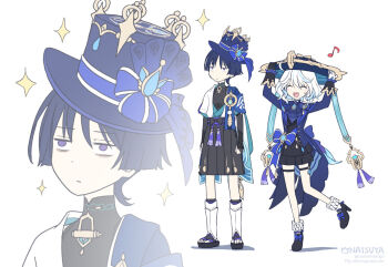 Rule 34 | 1boy, 1girl, :d, ^ ^, bare legs, black footwear, black shirt, black shorts, blue hair, blue hat, blue jacket, closed eyes, furina (genshin impact), genshin impact, hat, headwear switch, high heels, jacket, layered sleeves, long sleeves, musical note, natsuya (kuttuki), open mouth, purple eyes, robe, scaramouche (genshin impact), shirt, short hair, short over long sleeves, short sleeves, shorts, simple background, smile, socks, standing, standing on one leg, thigh strap, top hat, wanderer (genshin impact), white background, white hair, white robe, white socks, zoom layer