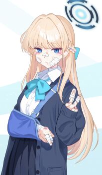 Rule 34 | 1girl, arm sling, bandaged arm, bandaged fingers, bandaged neck, bandages, bandaid, bandaid on cheek, bandaid on face, bandaid on nose, blonde hair, blue archive, blue bow, blue bowtie, blue cardigan, blue eyes, blue halo, blue streaks, bow, bowtie, braid, bruise, bruise on arm, bruise on face, bruised eye, cardigan, collared shirt, hair bow, half up braid, halo, highres, injury, long hair, long sleeves, looking at viewer, loose bowtie, open cardigan, open clothes, raftetram, shirt, solo, toki (blue archive), toki (school uniform) (blue archive), v, very long hair, white shirt