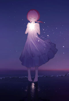 1girl absurdres barefoot closed_eyes commentary_request dress dusk full_body highres holding holding_star kaf_(kamitsubaki_studio) kamitsubaki_studio low_twintails pink_hair riai_kurumi sky smile solo star_(sky) star_(symbol) starry_sky twintails white_dress wind