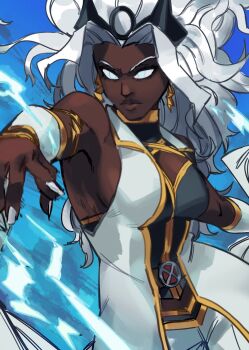 1girl animification arc_system_works blue_eyes bodysuit breasts cape cleavage cloudstxr dark-skinned_female dark_skin earrings electricity highres jewelry large_breasts lightning lightning_bolt_earrings lightning_bolt_symbol long_hair looking_at_viewer marvel marvel_tokon:_fighting_souls solo storm storm_(x-men) superhero_costume very_dark_skin white_eyes white_hair x-men