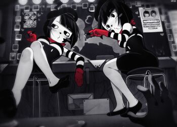 1boy 2girls :3 beret black_dress black_footwear black_hair black_headwear blurry_border blush blush_stickers bonbon_(derpixon) card chuchu_(derpixon) closed_mouth club_(shape) cosmetics counter diamond_(shape) dress facial_mark food gloves hat heart heart_facial_mark highres holding holding_brush holding_lipstick_tube leaning_back leaning_on_object leaning_to_the_side light_bulb lipstick lipstick_tube makeup makeup_brush mime mime_and_dash mirror monochrome multiple_girls najucaju_naju photo_(object) pizza playing_card poster_(object) pov reaching reaching_towards_another red_gloves red_scarf scarf short_hair signature sitting spade_(shape) spot_color star_(symbol) star_facial_mark stool striped_sleeves vent_(object) wanted_poster