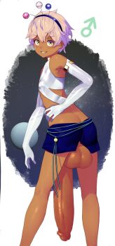 1boy ass bare_shoulders dark_skin elbow_gloves eyebrows_hidden_by_hair from_behind genderswap genderswap_(ftm) gloves grin hairband highres hololive hololive_english huge_penis huge_testicles limiter_(tsukumo_sana) looking_at_viewer looking_back male_focus mars_symbol midriff no_panties penis shorts shota sinensian smile smug solo solo_focus space testicles trap tsukumo_san uncensored virtual_youtuber white_gloves yellow_eyes