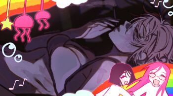 2girls alien_stage black_hair bra breasts cigarette closed_eyes commentary eighth_note english_commentary glasses grey_bra highres holding holding_cigarette jellyfish mizi_(alien_stage) multiple_girls musical_note parted_lips pink_hair pirasa_(everlandroads) rainbow smoke star_(symbol) sua_(alien_stage) underwear