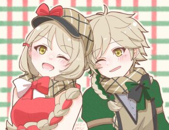 1boy 1girl blonde_hair braid brother_and_sister brown_scarf clanne_(fire_emblem) fire_emblem fire_emblem_engage framme_(fire_emblem) green_hair hat long_hair looking_at_viewer multicolored_hair nintendo one_eye_closed open_mouth pink_hair plaid_clothes plaid_hat plaid_scarf scarf siblings single_braid smile twins two-tone_hair yellow_eyes yuurifeh