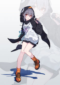 1girl absurdres animal_hood bang_dream! bang_dream!_it&#039;s_mygo!!!!! blush boots brown_eyes chinese_commentary commentary_request grey_hair highres hood hood_up jacket looking_at_viewer open_mouth penguin_hood purple_boots short_hair solo takamatsu_tomori white_jacket yun_cao_bing zoom_layer