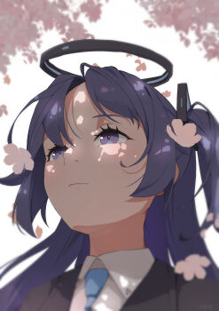 1girl absurdres black_jacket blue_archive cherry_blossoms closed_mouth collared_shirt hair_ornament halo highres hoshi_kitsune jacket long_hair looking_ahead mechanical_halo multicolored_eyes outdoors purple_eyes purple_hair shadow shirt twintails two-tone_eyes white_shirt yuuka_(blue_archive)