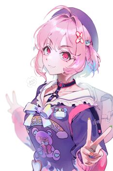 1girl :3 absurdres ahoge animal_print aqua_hair backpack baekryang bag bandaid bandaid_hair_ornament bear_print beret blue_bow blue_hair blue_nails bow breasts broken_heart_print brooch chest_harness choker closed_mouth collarbone colored_inner_hair commentary dated double_v english_commentary fang fingernails flame_print frilled_sailor_collar frills gradient_bow gradient_hair green_nails hair_intakes hair_ornament harness hat heart heart_brooch highres idolmaster idolmaster_cinderella_girls idolmaster_cinderella_girls_starlight_stage jacket jewelry large_breasts light_blue_hair long_sleeves looking_at_viewer medium_hair multicolored_hair multicolored_jacket nail_polish name_tag o-ring o-ring_harness official_alternate_costume orange_nails pink_bag pink_choker pink_eyes pink_hair pink_jacket pink_nails purple_bow purple_hat purple_jacket purple_nails rainbow_print randoseru sailor_collar signature simple_background skin_fang sleeves_past_wrists smile solo teddy_bear_hair_ornament teddy_bear_ornament two_side_up v v-shaped_eyebrows white_background white_sailor_collar x_hair_ornament yami_kawaii yellow_nails yumemi_riamu