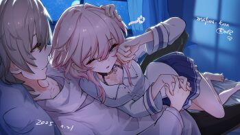 1boy 1girl artist_name bare_legs black_pants blue_eyes blue_skirt caelus_(honkai:_star_rail) collarbone collared_shirt commentary_request cuddling grey_hair hand_on_another&#039;s_head hetero highres honkai:_star_rail honkai_(series) interlocked_fingers long_sleeves looking_at_another mafuraakon march_7th_(honkai:_star_rail) medium_hair night on_bed one_eye_closed pants parted_lips pink_hair shirt short_hair skirt sleepy smile trailblazer_(honkai:_star_rail) white_shirt yellow_eyes