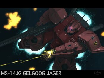 Rule 34 | aiming, beam rifle, bottoms1237, commentary request, energy gun, fighting, firing, gelgoog jager, gun, gundam, gundam 0080, highres, holding, holding gun, holding weapon, looking to the side, mecha, mecha focus, mobile suit, no humans, robot, science fiction, space, standing, weapon, zeon