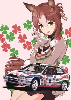 :d air_shakur_(umamusume) animal_ears black_hair black_skirt blush brown_hair car castrol clover_hair_ornament commentary_request eyebrow_piercing face_piercing fine_motion_(noble_seamair)_(umamusume) fine_motion_(umamusume) folded_ponytail gloves green_eyes hair_between_eyes hair_ornament highres horse_ears horse_girl horse_tail irish_flag jacket japanese_flag looking_at_viewer michelin motor_vehicle movistar multiple_girls open_mouth piercing pink_background race_vehicle racecar rally_car revision signature skirt smile solo_focus sparco tail tomozo8674 toyota toyota_corolla toyota_corolla_wrc trimmed_tail umamusume vehicle_focus white_gloves white_hair white_jacket world_rally_championship