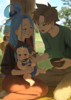1boy alternate_hairstyle aqua_(konosuba) blue_eyes blue_hair blue_hoodie blue_skirt blush brown_hair brown_shirt child commentary_request dress family father_and_daughter green_eyes hair_between_eyes hair_bun hair_ornament hair_rings hair_tie hetero holding hood hoodie husband_and_wife if_they_mated izawa_(bhive003) jewelry kono_subarashii_sekai_ni_shukufuku_wo! light_blush looking_at_another mother_and_daughter multiple_girls neck_ribbon outdoors ribbon ring satou_kazuma shirt short_hair single_hair_bun single_hair_ring skirt sphere_hair_ornament vanir wedding_ring white_dress