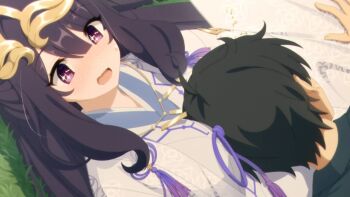 Rule 34 | 1boy, 1girl, blush, breast smother, breasts, face to breasts, medium breasts, official art, princess connect!, source request, violet (princess connect!)