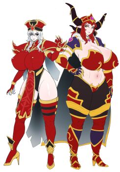 2girls alexstrasza armor breasts cleavage covered_erect_nipples crown curvy dragon dragon_girl exabyte_(parallax05) gigantic_breasts hand_on_own_hip hat highres horns huge_breasts jewelry long_hair looking_at_another looking_to_the_side multiple_girls navel necklace pointy_ears priestess red_eyes red_hair sally_whitemane shiny_skin smile standing thick_thighs thighhighs thighs warcraft white_background white_hair wide_hips world_of_warcraft yellow_eyes