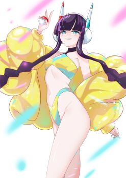 1girl absurdres adapted_costume alternate_costume black_hair blue_eyes coat commentary commentary_request covered_erect_nipples elesa_(pokemon) english_commentary fur_coat hanta_(hantachi) headgear highleg highres holding holding_poke_ball jacket long_hair mixed-language_commentary navel nintendo open_clothes open_jacket patreon_username poke_ball poke_ball_(basic) pokemon pokemon_bw2 smile solo standing very_long_hair yellow_jacket