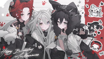 3girls :o absurdres animal_ear_fluff animal_ears animal_hands black_gloves black_hair black_jacket blue_eyes bone_hair_ornament cat_ears cat_girl chibi chibi_inset claws closed_mouth dog_ears dog_girl double-parted_bangs fang gloves green_eyes grey_hair hair_between_eyes hair_ornament happy_birthday heterochromia highres jacket long_hair long_sleeves looking_at_viewer mihuashi_45182 multiple_girls open_clothes open_jacket open_mouth original paw_gloves red_hair shirt short_hair short_sleeves star_(symbol) upper_body white_background white_shirt yellow_eyes