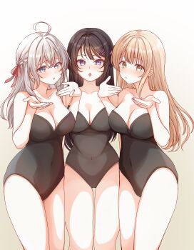 3girls absurdres ahoge alisa_mikhailovna_kujou bare_shoulders black_hair black_leotard blonde_hair blue_eyes breasts cleavage commentary_request commission covered_navel cowboy_shot crossover gradient_background grey_hair hair_ribbon hands_up highres large_breasts leotard long_hair looking_at_viewer matching_outfits multiple_girls open_mouth otonari_no_tenshi-sama_ni_itsu_no_mani_ka_dame_ningen_ni_sarete_ita_ken pixiv_commission ribbon sakurajima_mai seishun_buta_yarou shiina_mahiru_(otonari_no_tenshi-sama) simple_background strapless strapless_leotard tokidoki_bosotto_roshia-go_de_dereru_tonari_no_alya-san variant_set welo yellow_eyes