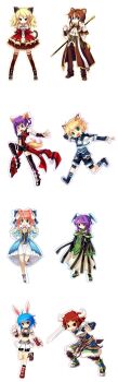 10s 4boys 4girls animal_ears blonde_hair blue_hair boots brown_hair buffalo_(trickster) bunny_(trickster) cat_(trickster) cat_ears cat_tail dragon_(trickster) dress everyone fox_(trickster) fox_ears glasses head_wings highres horns lion_(trickster) lion_ears long_image multiple_boys multiple_girls pink_hair purple_hair rabbit_ears raccoon_(trickster) raccoon_ears red_hair sheep_(trickster) sheep_ears skirt sword tail tall_image thighhighs trickster_(ntreev_soft) weapon wings