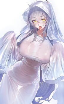 1girl absurdres blush breasts brown_dust_(series) brown_dust_2 commentary covered_navel dress drooling ghost_costume ghost_girl_(niyeye2019) ghost_pose granhildr_(brown_dust) grey_hair hair_between_eyes halloween_costume highres houh888 large_breasts long_hair looking_at_viewer naked_costume open_mouth saliva saliva_trail see-through_clothes sheet_ghost simple_background sleeves_past_fingers sleeves_past_wrists solo tight_clothes tight_dress tongue tongue_out white_background yellow_eyes