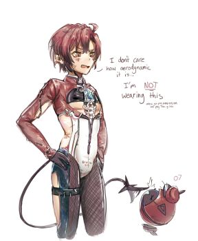 1boy ahoge blush cleavage_cutout clothing_cutout cowboy_shot english_text gloves hand_on_own_hip highres holostars holostars_english leotard machina_x_flayon machiroon_(machina_x_flayon) male_focus nu_carnival ogyuu_art open_mouth pantyhose red_hair short_hair simple_background solo standing sweat tail white_background