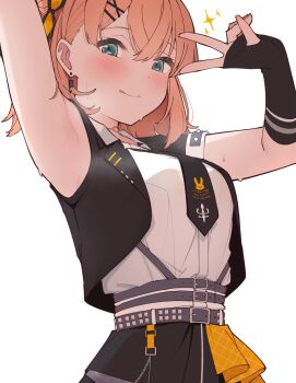 1girl aqua_eyes armpits black_jacket black_necktie black_skirt breasts collared_shirt commentary crossed_bangs double_bun hair_bun hair_ornament highres hinoshita_kaho i_do_me!_(love_live!) jacket link!_like!_love_live! liz_(piyoko_piyop) looking_at_viewer love_live! medium_breasts medium_hair necktie official_alternate_costume orange_hair pleated_skirt presenting_armpit shirt short-sleeved_jacket short_necktie short_sleeves simple_background single_sleeve skirt solo sweat symbol-only_commentary upper_body v v_over_eye virtual_youtuber white_background white_shirt x_hair_ornament