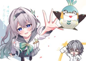 1boy 1girl absurdres black_ribbon blue_pupils blush bow bowtie brown_shoes caelus_(honkai:_star_rail) commentary_request firefly_(birefly)_(honkai:_star_rail) firefly_(honkai:_star_rail) firefly_(spring_missive)_(honkai:_star_rail) gradient_eyes gradient_hair green_bow green_bowtie grey_hair grey_hairband grey_sailor_collar grey_skirt hair_between_eyes hair_intakes hair_ornament hair_ribbon hairband highres honkai:_star_rail honkai_(series) long_hair long_sleeves multicolored_eyes multicolored_hair open_mouth plaid_bow plaid_bowtie plaid_clothes pleated_skirt reaching reaching_towards_another ribbon sailor_collar shirt shoes skirt smile str_sawa teeth trailblazer_(honkai:_star_rail) upper_teeth_only white_shirt